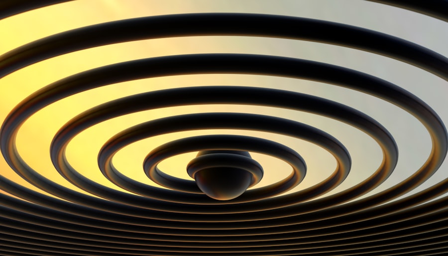 Circular ceiling spiral design — echoing the copper spiral antenna helix form