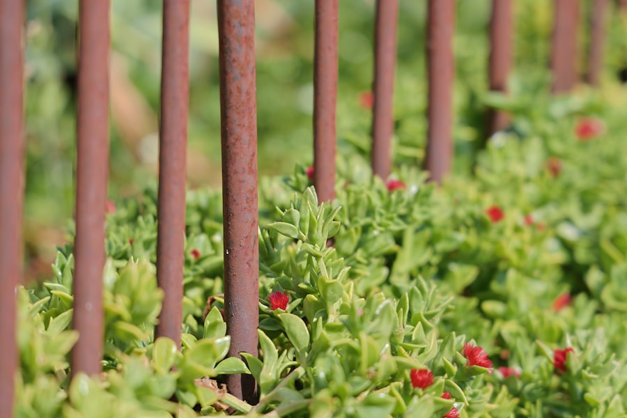 Row of metal poles with flowers — vertical rods creating electromagnetic perimeter