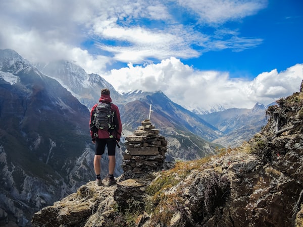 Large hiking backpack on a mountain trail